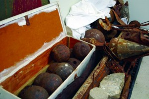 A cannon on display at the replica of the northwest bastion of Fort San Carlos de Austria is one of the three cannons found during excavations at the site. Two of the three cannons are on display at the Naval Air Station Pensacola site. The third cannon is on display at the UWF Archaeology Institute Museum.  Cannon balls and a collection of other artifacts found aboard NASP are stored in a special facility. 