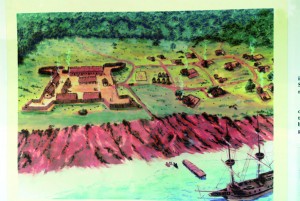 A sign aboard Naval Air Station Pensacola shows how Fort San Carlos de Austria might have been constructed. The Spanish frontier settlement also included a fort, village and church.